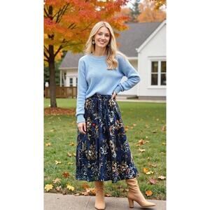 EUC Maxi Skirt Sz L Women Pockets Midi Length Casual Blue Floral Boho Cottage